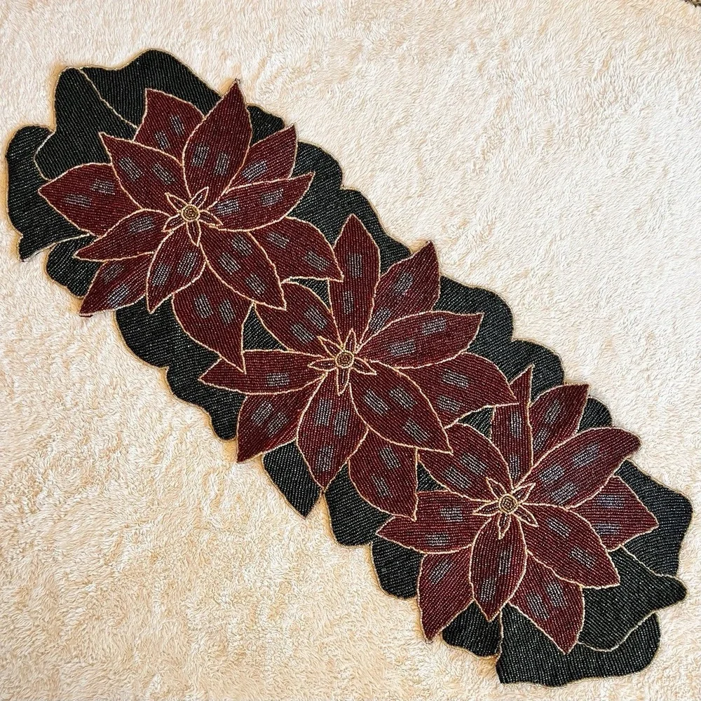 Christmas Hand Beaded Poinsettia Table Runner Red Green Floral Holiday 36x13